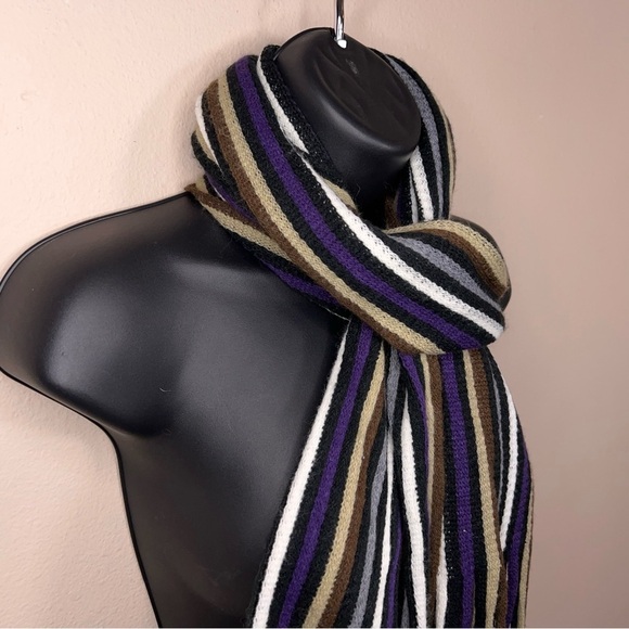 Striped Scarf With Fringe Accent Knit Womens Brown Ton Black Purple - Picture 9 of 13